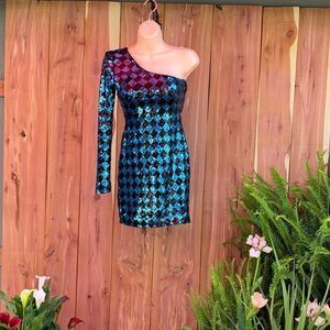 Ladies black and blue sequenced one shoulder dress sz XXS by Jabez